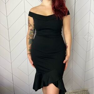 Black body con off the shoulder mermaid flounce dress